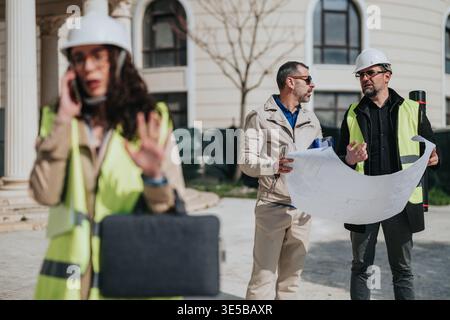 Architects and engineers discussing blueprints on a construction site with coordinator on phone Stock Photo