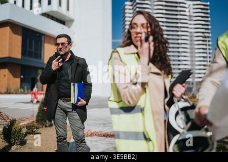 Construction site manager talking on walkie talkie with team at an urban building project Stock Photo