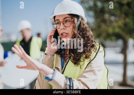 Female construction engineer wearing hard hat and safety vest talking on phone at site Stock Photo