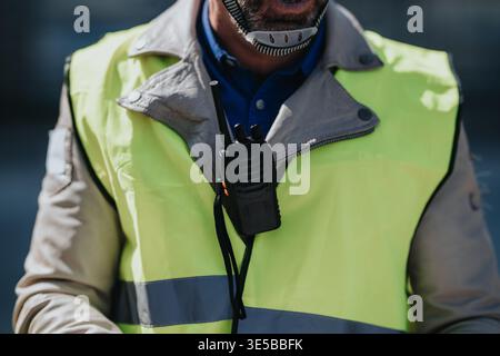 Construction engineer in high visibility safety vest using a radio at a work site Stock Photo