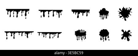 Black smooth ink shiny blob form set. Splash with glossy drops, round abstract shapes silhouette liquid. Soft fluid organic puddle border, frame. Current drops. Ink Paint fall down liquid. Vector illustration Stock Vector
