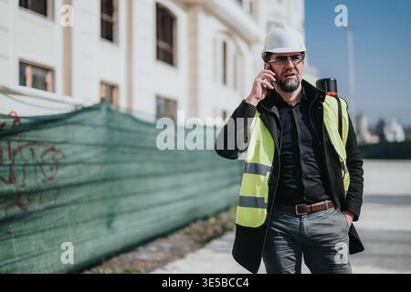 Construction site manager wearing hard hat and high-visibility vest talking on phone while walking by building Stock Photo