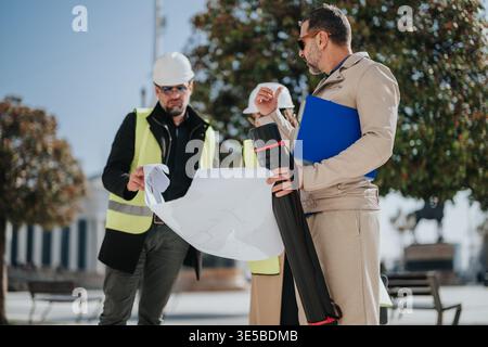 Construction engineers reviewing blueprints on site while discussing urban project plans Stock Photo