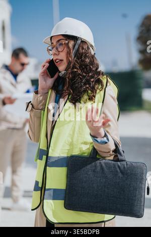 Female construction engineer talking on phone at building site wearing hard hat and safety vest Stock Photo