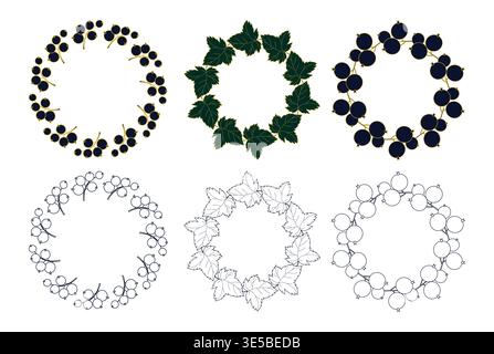 Golden Line Art Currant Wreaths. Isolated Botanical Round Frames with Berry and Leaves. Vector illustration. Premium minimalist collection with Empty Stock Vector