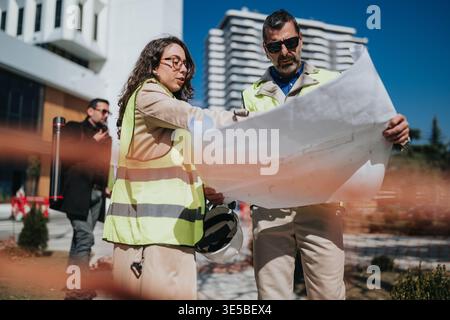 Female engineer and male architect reviewing blueprints at an outdoor construction site Stock Photo