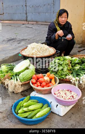 A vendor sits on the street in Hanoi selling various fresh vegetables and herbs. She holds a bowl while surrounded by her produce. Stock Photo