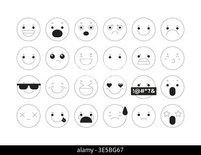 Y2k cute emoji faces 2D line objects set Stock Vector
