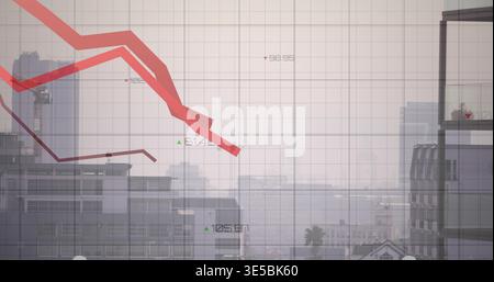 Displaying thick red descending line chart spanning urban skyline, showing numeric labels and crane Stock Photo