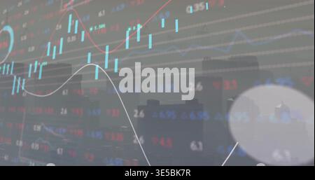 Displaying chart showing blue candles, red white lines, tickers over skyline on glass with bokeh Stock Photo