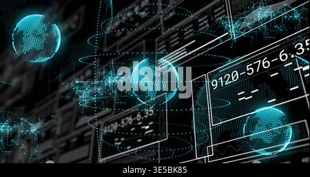 Floating holographic teal globe rotating in virtual control hub, showing 9120-576-6 Stock Photo