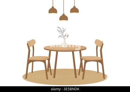 Dining table and chairs in japandi style interior with pendant lamps vector illustration. Stock Vector