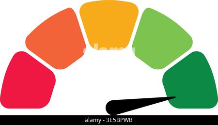 Colorful vector illustration of a semi-circular gauge meter with a black needle pointing to green, featuring red, orange, yellow, and green segments o Stock Vector