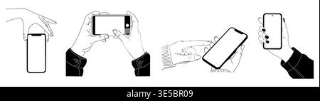 Two hands hold a smartphone in various ways Stock Vector