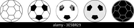 Comprehensive collection of 5 vector soccer ball icons rendered in various graphic styles thin line outline, classic black and white, minimalist, modern light gray flat design, and solid dark silhouette. These versatile football graphic elements are isolated on a white background, making them perfect for sports logo design, mobile app UI, web development, tournament posters, team emblems, and athletic apparel prints. High-quality sports equipment illustration bundle ready for graphic design projects. Stock Vector