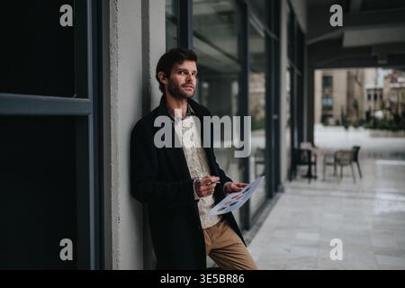 Casual businessman reviewing charts while leaning against a column in a modern office corridor Stock Photo