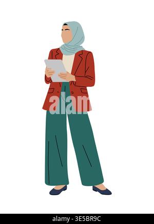 Woman in a hijab holds a digital tablet. Stock Vector