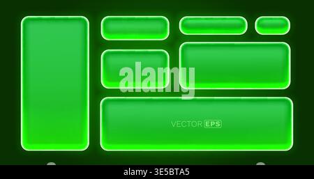 Set of glowing green neon frames and buttons, ideal for a futuristic user interface or web element. Vector illustration. Stock Vector