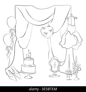Hand-drawn birthday composition made of decorative fabric backdrop, festive air balloons, birthday cake and girly accessories Stock Vector