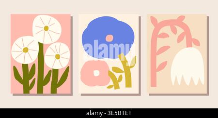 Modern minimal flower illustrations. Abstract floral poster. Henri matisse cutouts. Stock Vector