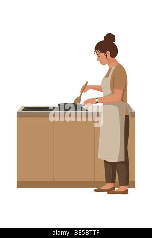 Woman cooking at home in kitchen with frying pan and wooden spoon vector illustration. Stock Vector