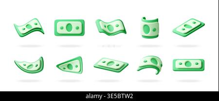 Set of 3D paper banknote icons in various shapes Stock Vector