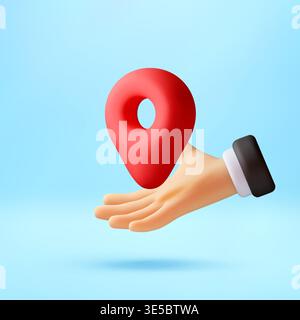 3D Cartoon hand holding a red location pin. Stock Vector
