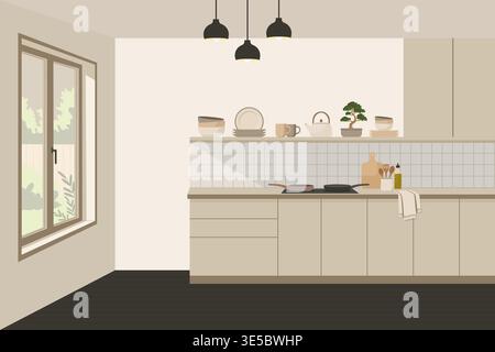Modern kitchen interior with window and furniture in japandi style vector illustration. Stock Vector