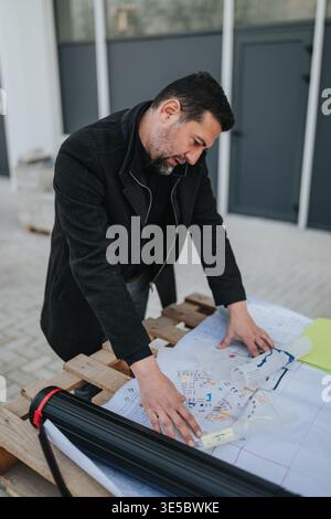 Architect reviewing construction blueprints and site plans at an outdoor job site with focused attention Stock Photo