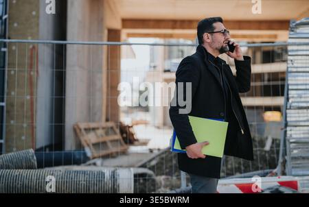 Construction engineer talking on phone while holding project folders at a building site Stock Photo