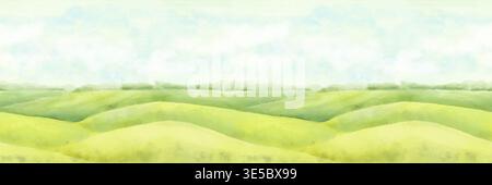 Summer rural landscape with hills under blue sky and white clouds. Horizontal seamless border. Watercolor digital illustration. View of green grass on Stock Photo