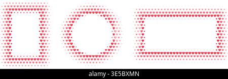 Rectangle and circle halftone borders with heart patterns. Frames featuring dotted gradients, comic style effects, and romantic Valentine decorations for trendy designs. Stock Vector