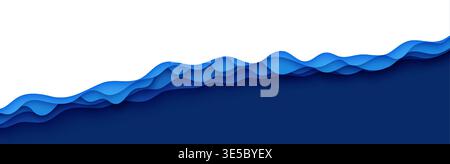 3d abstract background with cut out deep waves modern cover. Wavy border in paper cut style. Blue color layers with smooth shadow papercut art. Vector Stock Vector