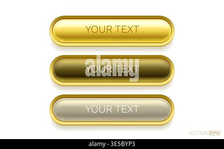 Set of three golden web buttons with glossy metallic finish. Elegant UI elements for modern design applications. Vector illustration Stock Vector