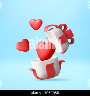 3D Open gift box with red bow and floating hearts Stock Vector