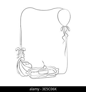 Hand-drawn birthday card template with decorative frame, festive air balloon, rococo shell and birthday cake in line art graphic  Stock Vector