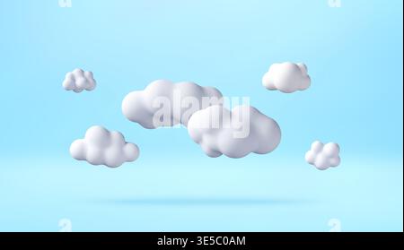 3D Fluffy white clouds floating in blue sky. Stock Vector