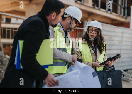 Construction engineers discussing blueprints and plans on an active building site with safety helmets Stock Photo