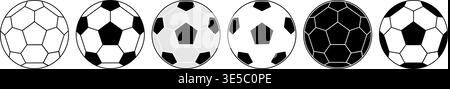 A versatile collection of 6 vector soccer ball icons presented in multiple graphic styles thin outline, classic black and white, flat light grey design, minimalist floating pentagons, and dark inverted silhouette. These isolated football elements are perfectly suited for creating professional sports logos, tournament posters, team emblems, mobile app UI UX design, and web graphics. A high-quality, comprehensive bundle of sports equipment illustrations ready for immediate use in graphic design projects Stock Vector