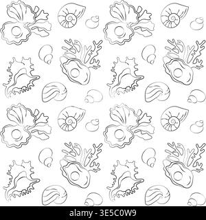 Hand-drawn seamless pattern, shells, coral, pearl oyster, underwater sea world graphic illustration for wedding decor, backgrounds Stock Vector