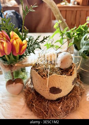 A beautifully decorated wooden dining table inside Stock Photo