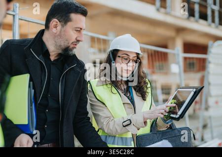 Female construction engineer in hard hat and high-visibility vest using tablet with colleague at site Stock Photo