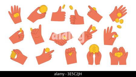 Hands Holding Coins Gesture Set Stock Vector