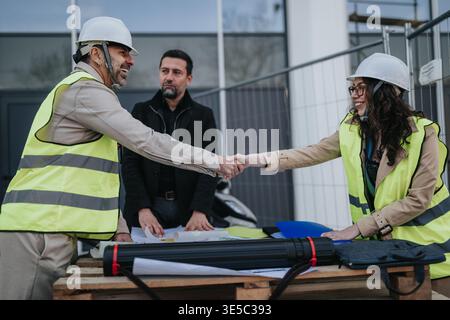 Construction engineers shaking hands over plans at a job site in high-visibility safety gear Stock Photo