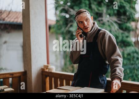 Carpenter talking on phone while working in a wood workshop wearing safety goggles and apron Stock Photo