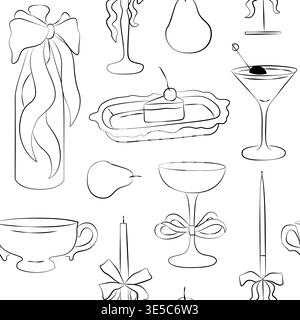 Hand-drawn seamless wedding pattern, food and drinks, cocktail, piece of cake, champagne bottle with a bow and other party decor Stock Vector