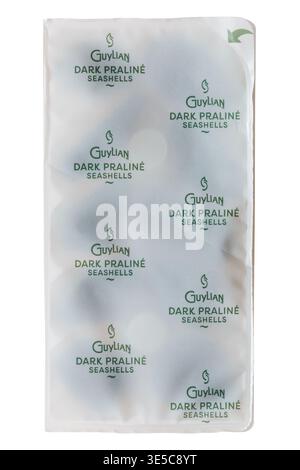 Guylian Belgian dark praline seashells chocolates isolated on white background - finest Belgian chocolates with hazelnut praline filling Stock Photo