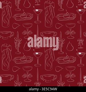 Hand-drawn seamless pattern, food and drinks, cocktail, piece of cake, champagne bottle with a bow and other party decor elements Stock Vector