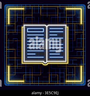 Open book icon illustration, bright neon style. Glowing icon with border grid vector. Stock Vector