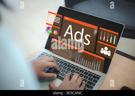 Online advertising marketing dashboard.Digital marketing strategy analysis.Social media ads performance.Data analytics and business growth.Businessman Stock Photo